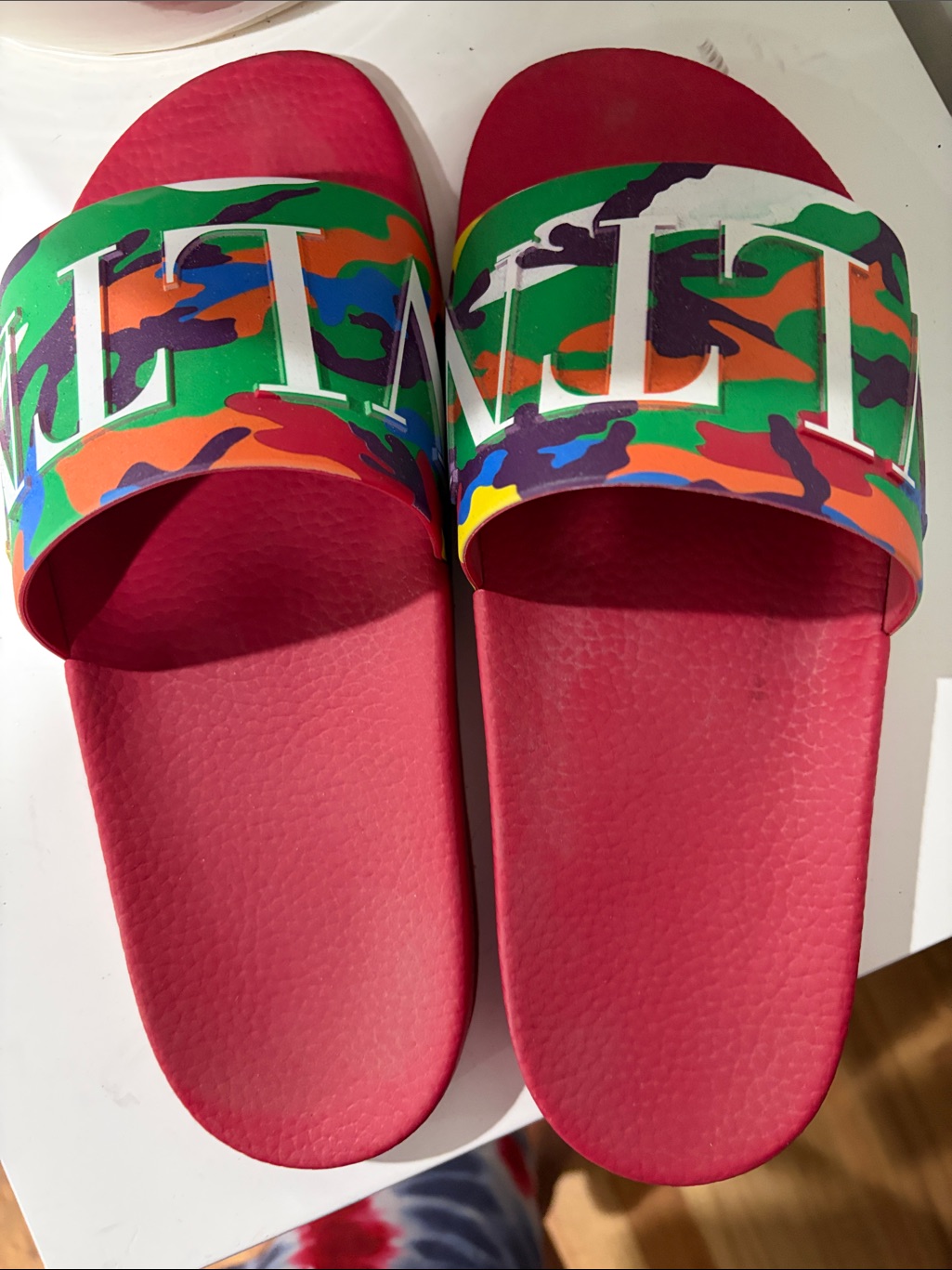 Valentino Garavani Red Slide Sandals With Multicolor Camo Strap